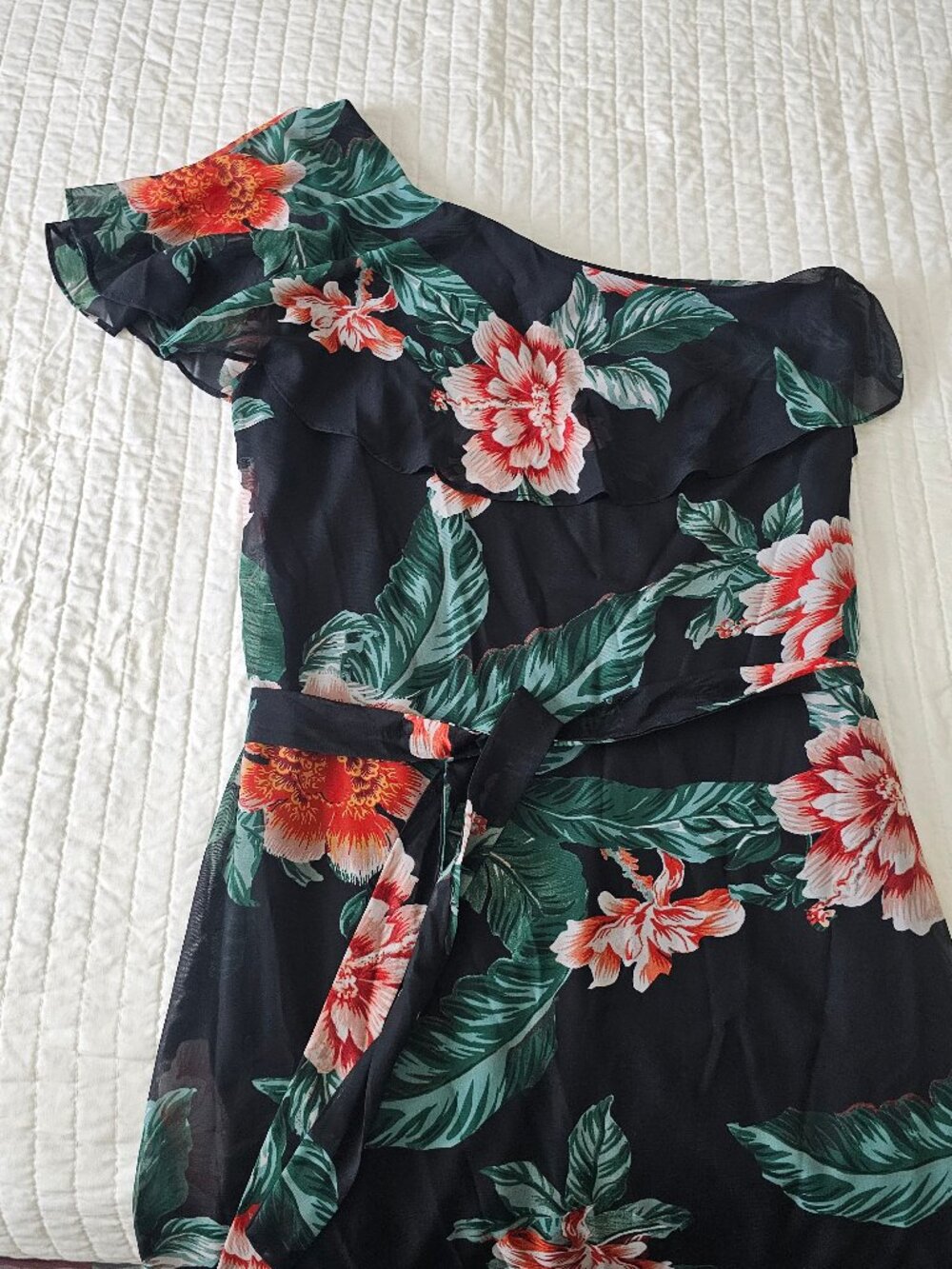 Tropical Floral One Shoulder Ruffle Midi Dress Black Green Orange